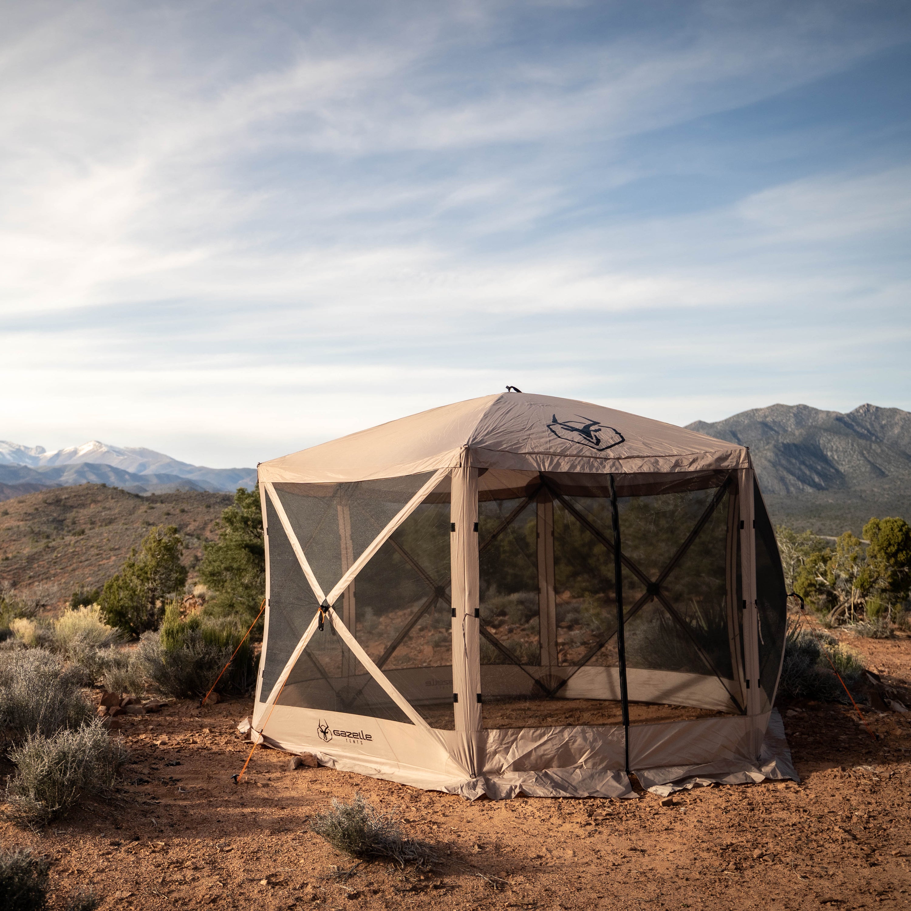 tent gazebo Gazelle Tents G6 6-Sided Portable Gazebo, Easy Pop-Up Hub Screen Tent, Durable, TriTech Mesh, Waterproof, UV Resistant, 8-Person & Table, Desert Sand, 86" x 124" x 124", GG602DS