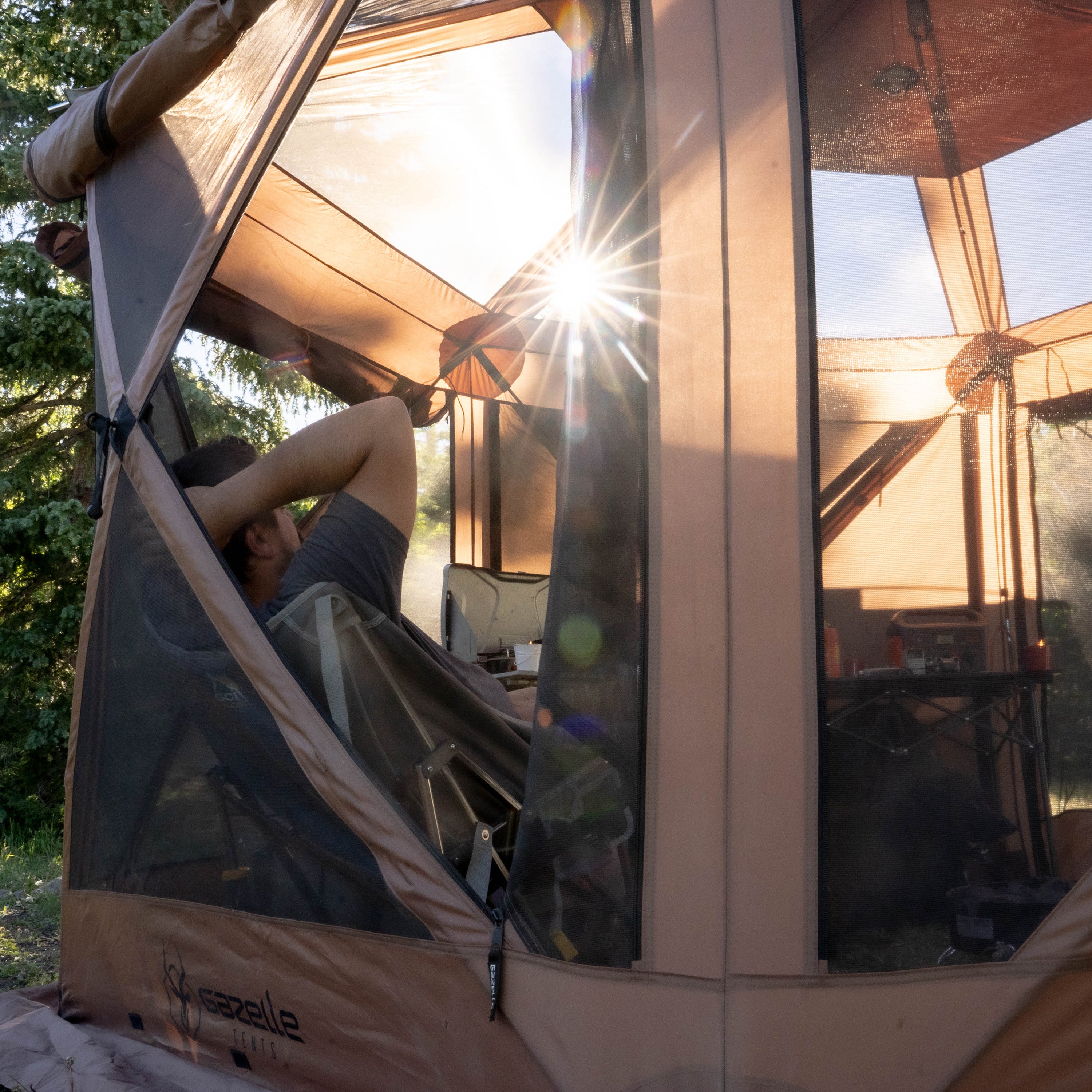 Gazelle Tents G6 Cool Top 6-Sided Portable Gazebo, Easy Pop-Up Hub Screen Tent, Waterproof, UV Resistant, Increased Air Flow, TriTech Mesh, 8-Person & Table, Badlands Brown, 91” x 139” x 123”, GG620BR